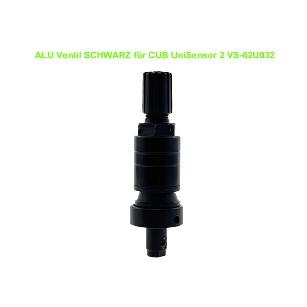 Das Bild zeigt ein schwarzes Aluminiumventil mit geriffeltem oberen Ende vor weißem Hintergrund, darüber steht in grüner Schrift: ALU Ventil SCHWARZ für CUB UniSensor 2 VS-62U032.