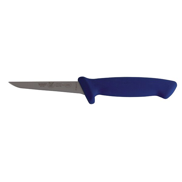 Das Bild zeigt ein Messer mit einer schmalen, spitzen Metallklinge und einem ergonomisch geformten, blauen Kunststoffgriff.