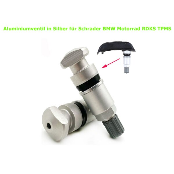 Aluminiumventil in Silber für Schrader BMW Motorrad RDKS TPMS, das Bild zeigt zwei silberne Ventile mit schwarzem und grauem Dichtungsring, im Hintergrund ist ein weiteres Ventil mit montiertem Sensor zu sehen, auf das mit einem roten Pfeil hingewiesen wird.