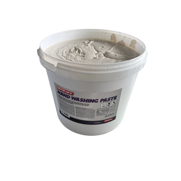 Das Bild zeigt einen weißen Plastikeimer mit einem Deckelrand, der mit einer creme- bis beigefarbenen Paste gefüllt ist. Auf dem Eimer klebt ein Etikett mit der Aufschrift HAND WASHING PASTE. Es handelt sich um eine Handwaschpaste zur Reinigung von öligen und stark verschmutzten Händen, typischerweise für den Gebrauch in Werkstätten oder industriellen Umgebungen. Das Fassungsvermögen beträgt 7500 Gramm. Das Produkt ist von der Marke alfa care.