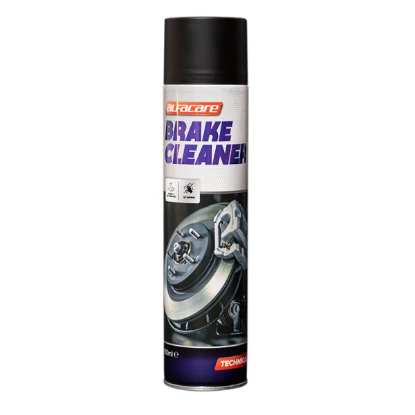 Auf dem Bild ist eine schwarze Sprühdose mit einem weißen Etikett zu sehen, auf dem in lila Buchstaben BRAKE CLEANER steht, darüber ist ein orangefarbenes Logo mit der Aufschrift alfacare, darunter befinden sich Symbole für Anwendung und Eigenschaften, weiter unten ist ein Foto einer Bremsscheibe mit Bremssattel abgebildet, am unteren Rand steht in einem roten Balken TECHNIC, die Dose hat ein Fassungsvermögen von 600 ml.