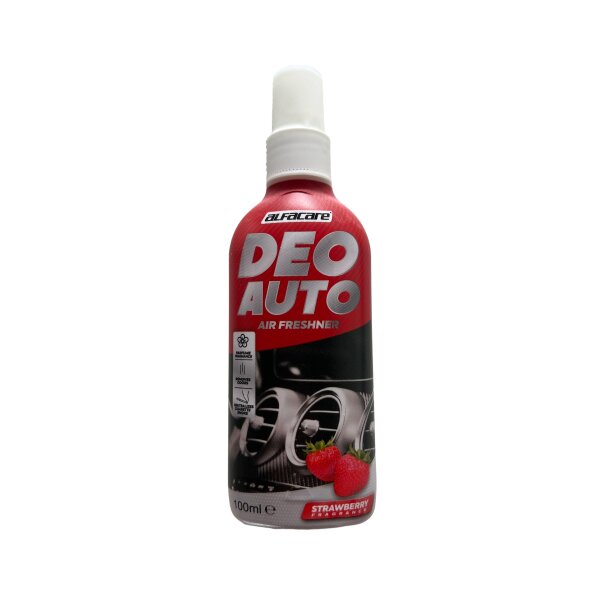 Auf dem Bild ist eine rote Sprühflasche mit weißem Deckel zu sehen. Auf dem Etikett steht „alfacare DEO AUTO AIR FRESHNER“. Darunter sind ein Lüftungsauslass eines Autos und zwei Erdbeeren abgebildet. Weiterhin steht auf dem Etikett „PERFUME FRAGRANCE“, „REMOVES ODORS“, „NEUTRALIZES CIGARETTE SMOKE“, „100 ml“ und „STRAWBERRY FRAGRANCE“.