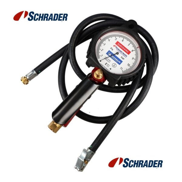 Auf dem Bild ist ein schwarzes Reifendruckmessgerät mit Manometer, einem Griff und einem flexiblen Schlauch zu sehen.