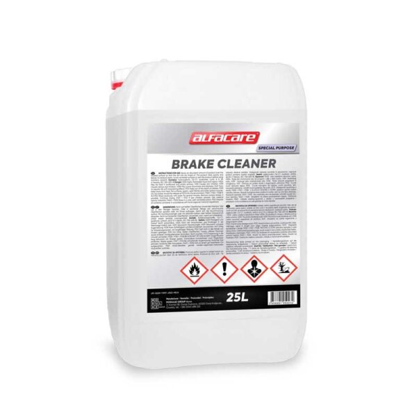 Das Bild zeigt einen weißen 25-Liter-Kanister mit einem Etikett, auf dem oben das rot hinterlegte Logo alfacare SPECIAL PURPOSE steht, darunter in großer Schrift der Produktname BRAKE CLEANER, gefolgt von mehrzeiligem Beschreibungstext. Im unteren Drittel befinden sich vier Gefahrensymbole für Entzündbarkeit, Gesundheitsschädlichkeit, Reizwirkung und Umweltgefahr. Am unteren Rand des Etiketts steht die Angabe 25L.