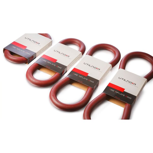 Das Bild zeigt vier rote, ringförmige Gegenstände aus Gummi oder Kunststoff, die parallel nebeneinander liegen und jeweils von einer weißen Verpackung mit der Aufschrift „UTILNOVA innovation tools TIRE INFLATE RING“ umschlossen sind.