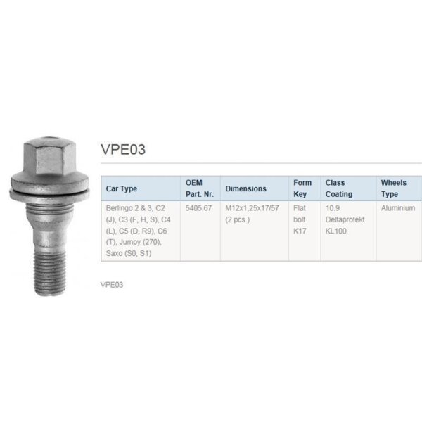 Abgebildet ist eine silberne Radschraube mit Sechskantkopf und Flansch. Daneben steht: VPE03. Darunter eine Tabelle mit den Spaltenüberschriften Car Type, OEM Part. Nr., Dimensions, Form Key, Class Coating, Wheels Type. In der ersten Zeile der Tabelle steht: Berlingo 2 & 3, C2 (J), C3 (F, H, S), C4 (L), C5 (D, R9), C6 (T), Jumpy (270), Saxo (S0, S1), 5405.67, M12x1,25x17/57 (2 pcs.), Flat bolt K17, 10.9 Deltaprotekt KL100, Aluminium.