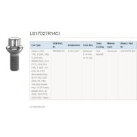 Das Bild zeigt eine Tabelle mit technischen Informationen über eine Radschraube. Oben links ist ein Foto einer silbernen Radschraube mit geriffeltem Kopf. Die Tabelle beschreibt den Schraubentyp LS17D27R14CI und enthält folgende Spalten: Fahrzeugtyp, OEM Teilenummer 0009905107, Maße M14x1,5x27, Form Kugelradius 14 mm mit Edelstahlkappe, Festigkeitsklasse 10.9 Geomet, Felgentyp Aluminium, Bimecc Teilenummer LS17D27R14CI. In der Spalte Fahrzeugtyp werden verschiedene Mercedes-Benz Modelle und Baureihen aufgelistet, für die diese Radschraube geeignet ist.