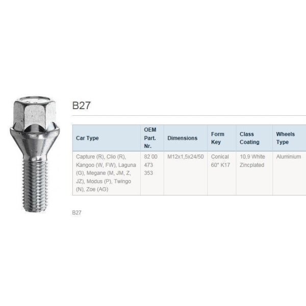Das Bild zeigt eine silberne Radschraube mit einem sechskantigen Schraubenkopf und einem konischen Sitz, darunter eine Tabelle mit technischen Daten. Die Bezeichnung des Produkts lautet „B27“. Die Tabelle enthält die folgenden Informationen: Unter „Car Type“ stehen verschiedene Renault-Modelle (Capture, Clio, Kangoo, Laguna, Megane, Modus, Twingo, Zoe). Die „OEM Part. Nr.“ sind 82 00 473 353. Unter „Dimensions“ steht M12x1,5x24/50. Die „Form Key“ ist „Conical 60° K17“, die „Class Coating“ ist „10.9 White Zincplated“, und bei „Wheels Type“ steht „Aluminium“.
