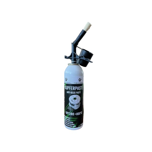 Auf dem Bild ist eine Sprühdose mit der Aufschrift Kupferpaste Anti-Seize Paste zu sehen, auf deren Deckel ein Pinsel aufgesetzt ist. Die Dose ist überwiegend schwarz und weiß gestaltet, zeigt technische Illustrationen einer Bremsscheibe und enthält zusätzliche Hinweise wie Temperaturbereich von minus 30 Grad bis plus 1100 Grad Celsius.