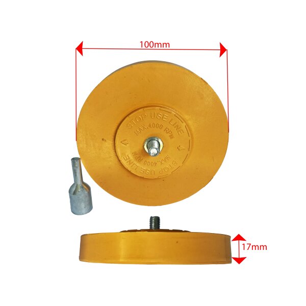 Das Bild zeigt einen runden, gelben Radiergummi mit einem Durchmesser von 100 Millimetern und einer Höhe von 17 Millimetern, der eine zentrale Metallaufnahme mit Gewinde und die Aufschrift STOP USE LINE MAX. 4000 RPM besitzt; daneben liegt ein kleiner, zylindrischer Metalladapter.