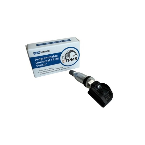 Das Bild zeigt eine Produktverpackung mit der Aufschrift „NOVOSENSOR Programmable Universal TPMS Sensor“ sowie ein dazugehöriges Reifendruckkontrollsystem (TPMS) in Metall und schwarzem Kunststoff, das vor der Verpackung liegt.