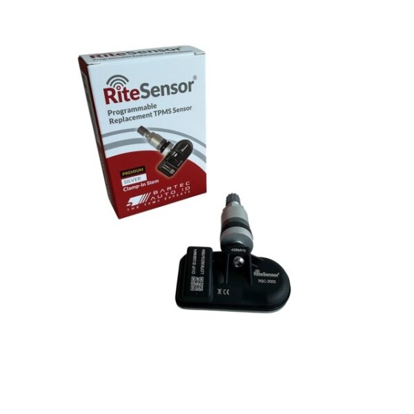 Das Bild zeigt eine Verpackung mit der Aufschrift RiteSensor Programmable Replacement TPMS Sensor sowie ein technisches Bauteil, welches vermutlich ein Reifendruckkontrollsensor ist, davor. Die Verpackung ist überwiegend weiß mit roten und grauen Akzenten. Das Bauteil ist schwarz mit silbernem Ventil und trägt ebenfalls die Aufschrift RiteSensor.