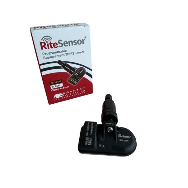 Das Bild zeigt eine Produktverpackung und einen separaten Sensor. Auf der Verpackung steht „RiteSensor Programmable Replacement TPMS Sensor“. Die Verpackung ist hauptsächlich weiß mit roten und schwarzen Akzenten und zeigt eine Abbildung des Sensors. Der Sensor im Vordergrund ist schwarz und hat einen kurzen zylinderförmigen Aufsatz. Das Produkt ist für Fahrzeugreifen gedacht und dient zur Überwachung des Reifendrucks.