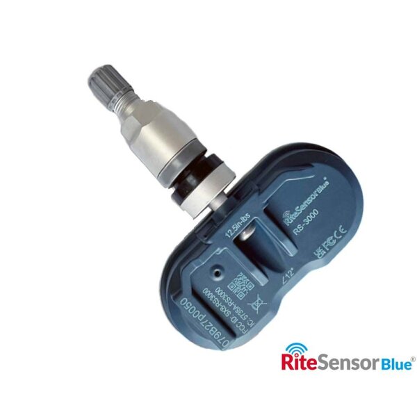 Das Bild zeigt einen Reifendrucksensor (TPMS-Sensor) mit silbernem Ventil und dunkelblauem Gehäuse, auf dem verschiedene technische Angaben und das Logo „RiteSensorBlue“ zu sehen sind; unten rechts ist ebenfalls das „RiteSensorBlue“-Logo abgebildet.