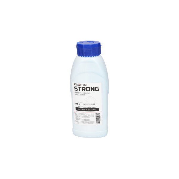 Auf dem Bild ist ein weißer Kanister mit blauem Schraubverschluss zu sehen, auf dessen Vorderseite sich ein großes Etikett mit der Aufschrift STRONG und der Beschreibung Pasta do mycia rąk | Hand Cleaner befindet; darunter ist eine Zeichnung von zwei Händewaschenden Händen, und daneben befinden sich Symbole für Recycling, Handwäsche, Nicht zum Verzehr und eine Volumenangabe von 5 Litern; vor dem Kanister liegt ein Klecks türkisfarbener, pastenartiger Substanz.