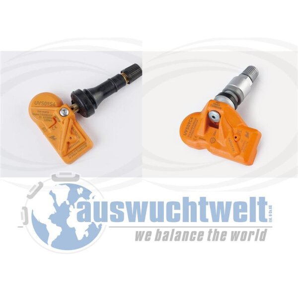 Das Bild zeigt zwei Reifendrucksensoren in orange, jeweils einer auf der linken und einer auf der rechten Seite, mit unterschiedlichen Ventiltypen, darunter befindet sich ein Logo mit einer stilisierten Weltkugel und dem Schriftzug „auswuchtwelt we balance the world“.