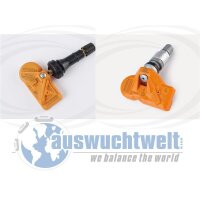 Das Bild zeigt zwei Reifendrucksensoren in orange,...