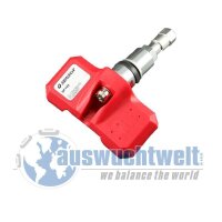 Das Bild zeigt einen roten Reifendrucksensor mit einem...