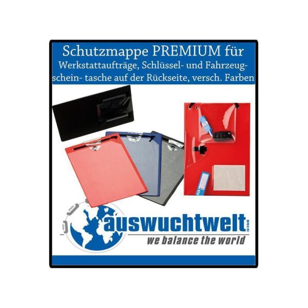 Das Bild zeigt eine Werbegrafik für eine Schutzmappe PREMIUM zur Aufbewahrung von Werkstattaufträgen, Schlüsseln und Fahrzeugscheinen, mit einer Tasche auf der Rückseite, in verschiedenen Farben. Es sind mehrere Mappen in Rot, Blau, Grau und Schwarz abgebildet, teilweise offen und mit Inhalt (Schlüssel, Zettel, Kugelschreiber). Am unteren Rand steht das Logo „auswuchtwelt“ mit dem Slogan „we balance the world“ und einer blauen Weltkugel.