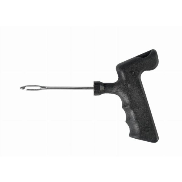 Das Bild zeigt ein Werkzeug mit einem T-förmigen Griff. Es hat einen schwarzen, ergonomisch geformten Kunststoffgriff, der gut in der Hand liegen kann. Aus dem Griff ragt eine gerade, metallene Stange mit einer schlitzartigen Spitze, die möglicherweise zum Durchstoßen von Materialien verwendet wird.