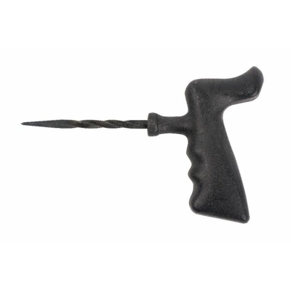 Das Bild zeigt ein Werkzeug mit einem schwarzen, ergonomisch geformten Griff, der einem T ähnelt. Aus dem Griff ragt ein Metallbohrer oder Dorn mit einer spiralförmigen Spitze. Das Design deutet darauf hin, dass es sich um ein manuell bedienbares Werkzeug handelt, möglicherweise zum Bohren von Löchern in Materialien wie Holz oder Plastik. Der Griff hat Einkerbungen für die Finger, um einen besseren Halt zu gewährleisten.