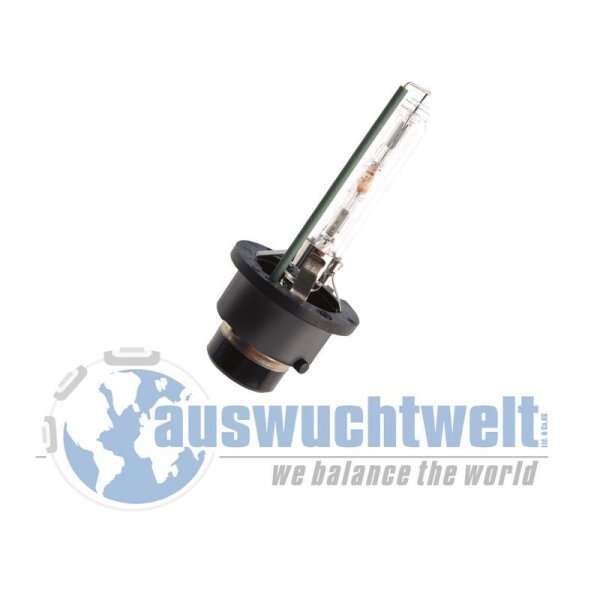 Das Bild zeigt eine einzelne Xenon-Autolampe mit schwarzem Sockel und transparentem Glasrohr, im Hintergrund unten befindet sich das blaue Logo mit Weltkugel und der Schriftzug „auswuchtwelt we balance the world“.