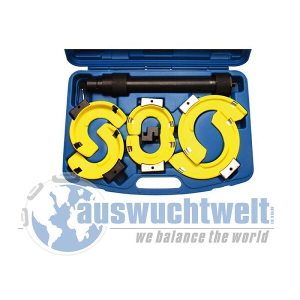 Das Bild zeigt einen geöffneten blauen Werkzeugkoffer, in dem sich mehrere gelbe, halbkreisförmige Kunststoffteile sowie ein schwarzes Werkzeug befinden. Die gelben Teile sind wie die Buchstaben S, O und S angeordnet. Im Hintergrund ist ein Logo mit einer Weltkugel und der Text auswuchtwelt we balance the world zu sehen.