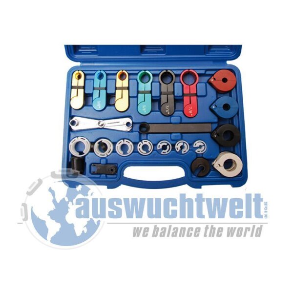 Das Bild zeigt einen geöffneten blauen Kunststoffkoffer mit integriertem Griff, in dem verschiedene farbige und unterschiedlich große Werkzeuge sowie Adapter ordentlich angeordnet sind. Die Werkzeuge haben unterschiedliche Formen, einige sind rund, andere haben Hebelformen, und sie sind jeweils farblich markiert und mit Zahlen versehen. Zusätzlich sind mehrere ringförmige Adapter und Hebel enthalten. Unten auf dem Bild ist in hellblauer Schrift mit Erdkugel-Symbol das Wort „auswuchtwelt“ und der Slogan „we balance the world“ zu sehen.