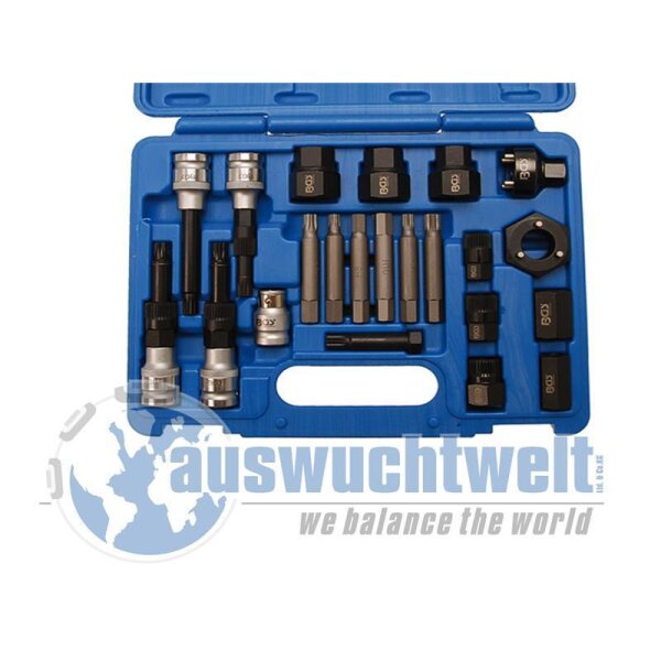 Das Bild zeigt einen blauen Kunststoffkoffer, der verschiedene Werkzeugeinsätze und Bits enthält, die ordentlich in passenden Fächern einsortiert sind. Die Einsätze sind aus Metall und in unterschiedlichen Größen und Formen vorhanden. Auf vielen der Teile ist die Marke BGS aufgedruckt. Im unteren Bereich des Bildes ist ein großes Logo mit einer Weltkugel und dem Schriftzug auswuchtwelt sowie we balance the world zu sehen.
