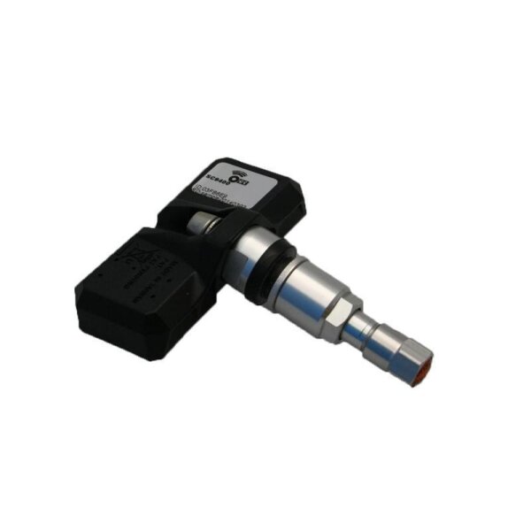 Das Bild zeigt einen silbernen Reifendrucksensor mit einem rechteckigen schwarzen Kunststoffgehäuse und einem metallischen Ventil, der auf einem weißen Hintergrund liegt.