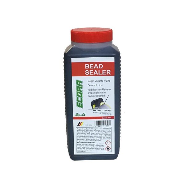 Das Bild zeigt einen rechteckigen schwarzen Behälter mit einem roten Schraubverschluss. Auf der Front befindet sich ein Etikett mit der Aufschrift BEAD SEALER in Weiß auf rotem Hintergrund. Darunter steht in Schwarz: Gegen undichte Wülste, Dauerhaft dicht, Abdichten von kleineren Undichtigkeiten im Reifenwulstbereich. Links ist das Wort ECORA in Grün geschrieben. Auf dem Etikett ist auch eine kleine Grafik eines Reifens mit einem gelben Applikator abgebildet. Unten steht in Schwarz auf Weiß: Inhalt: 1 Liter.