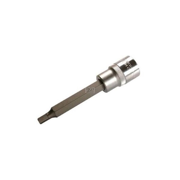 Auf dem Bild ist ein Werkzeugaufsatz abgebildet, ein sogenannter Innensechskant-Bit mit Stecknuss, bei dem vorne ein langer, sechseckiger Stift aus Metall und hinten eine runde Metallaufnahme für eine Ratsche oder einen Steckschlüssel zu sehen ist.