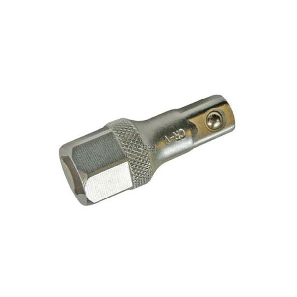 Das Bild zeigt einen metallischen Adapter für Steckschlüssel. Der Adapter ist silbern, hat an einem Ende eine Sechskantaufnahme und am anderen Ende einen Vierkantzapfen mit einer kleinen Kugel zur Arretierung. In der Mitte befindet sich eine gerändelte Fläche für besseren Halt.