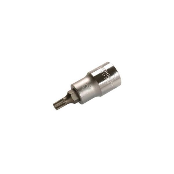 Das Bild zeigt einen silbernen Bit-Einsatz mit einem Torx-Kopf, wie er häufig in Ratschen-Werkzeugen verwendet wird.