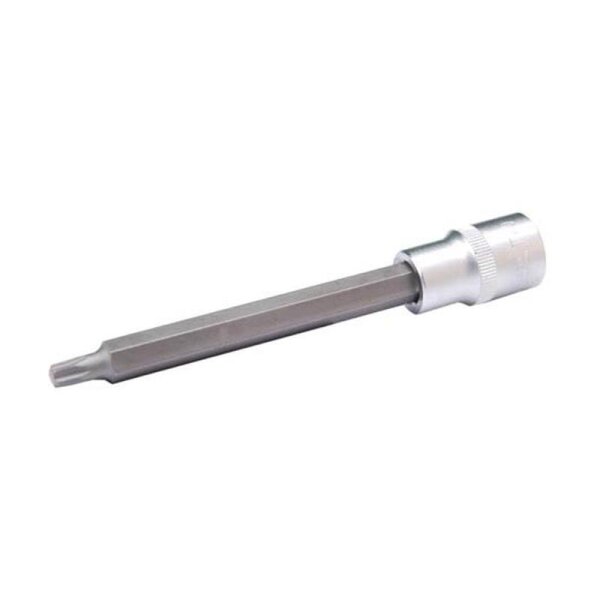 Auf dem Bild ist ein langer, sechseckiger metallener Bit-Einsatz abgebildet, der auf einer Seite eine Torx-Spitze und auf der anderen Seite eine zylindrische Metallaufnahme für eine Ratsche oder einen Schraubenschlüssel hat.