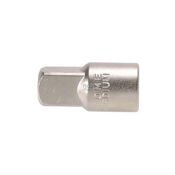 Das Bild zeigt einen silberfarbenen Metall-Bit-Einsatz mit sechskantigem Kopf und zylindrischem Schaft, auf dem die Wörter CHROME VANADIUM eingraviert sind.