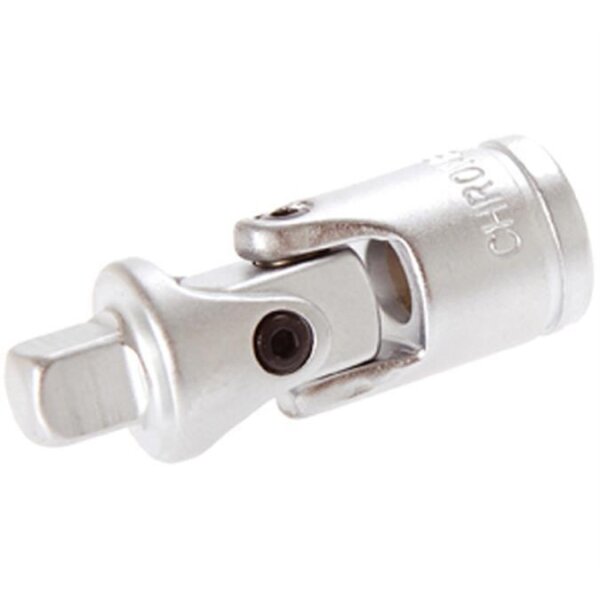 Das Bild zeigt einen metallischen Universal-Gelenkadapter für Steckschlüssel, der aus zwei beweglichen Teilen besteht und an beiden Enden Aufnahme bzw. Antrieb für Werkzeuge wie Ratschen oder Verlängerungen hat.