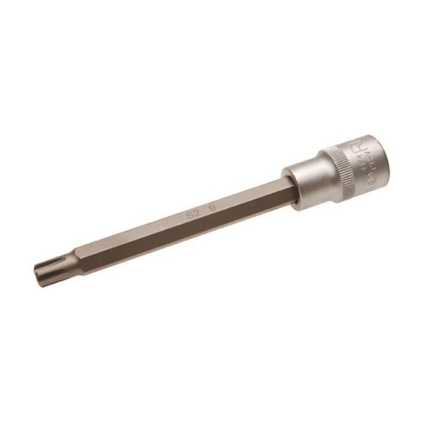 Das Bild zeigt einen langen, metallischen Steckschlüssel-Einsatz mit einem Sechskantschaft und einem Torx-Bit an der Spitze.