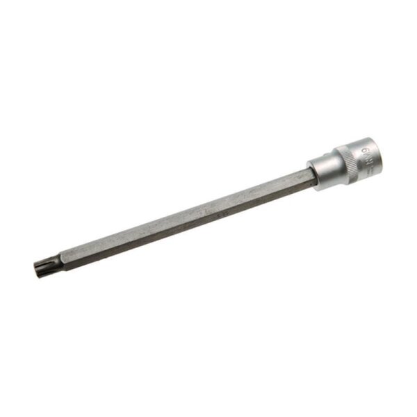 Das Bild zeigt einen langen, silbernen Steckschlüssel-Einsatz mit einem Torx-Bit am Ende.