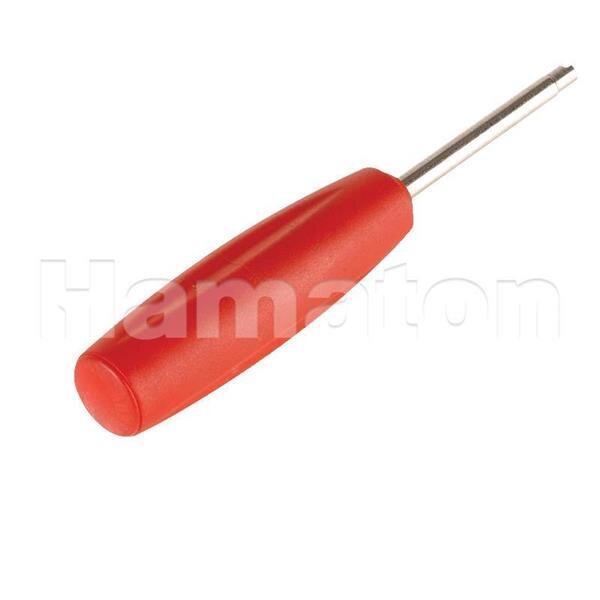 Auf dem Bild ist ein Handwerkzeug mit einem roten, länglichen, ergonomisch geformten Griff und einem kurzen, silberfarbenen Metallstab zu sehen.