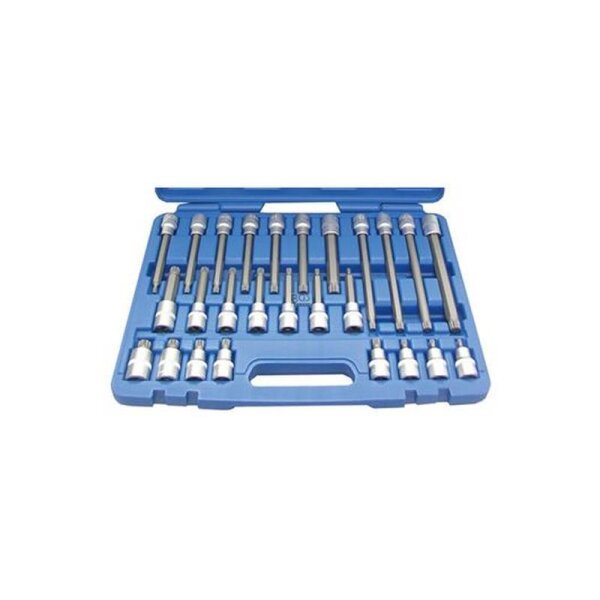 Das Bild zeigt einen blauen Werkzeugkoffer, der geöffnet ist und verschiedene Metall-Bits und Stecknüsse in mehreren Reihen ordentlich sortiert enthält.