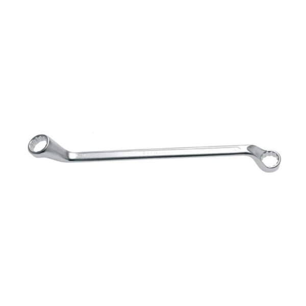 Auf dem Bild ist ein metallener Ringschlüssel zu sehen, der an beiden Enden jeweils einen kreisförmigen, gezackten Ring hat, wobei beide Enden leicht abgewinkelt sind.