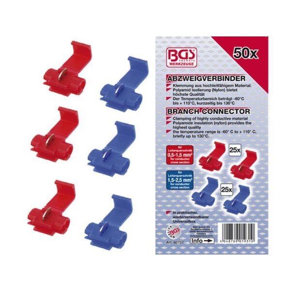 Das Bild zeigt links je drei rote und drei blaue Kunststoffverbinder, rechts eine Produktverpackung mit der Aufschrift „BGS Werkzeuge 50x Abzweigverbinder“, darunter Erklärungen auf Deutsch und Englisch, dass es sich um Klemmen aus hochleitfähigem Material mit Polyamid-Isolierung für höchste Qualität handelt, Temperaturbereich -60°C bis +110°C, kurzzeitig bis 130°C, geeignet für Leitungsquerschnitte 0,5-1,5 mm² (rot, 25 Stück) und 1,5-2,5 mm² (blau, 25 Stück), am unteren Rand ein Barcode, das BGS-Logo und die Artikelnummer 80757.