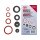 Das Bild zeigt eine Verpackung mit der Aufschrift BGS Werkzeuge DICHTRING-SORTIMENT unterschiedliche Dichtungen aus Gummi und Fiber GASKET ASSORTMENT various gaskets manufactured from rubber and fibre 141x, daneben sind verschiedene Dichtungsringe in Rot und Schwarz in unterschiedlichen Größen abgebildet.