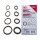 Das Bild zeigt eine Verpackung für ein O-Ring Sortiment mit 225 Teilen. Links sind acht schwarze O-Ringe in verschiedenen Größen abgebildet. Rechts ist die Verpackung mit der Aufschrift „BGS Werkzeuge“, „O-Ring Sortiment, sortiert, in unterschiedlichen Größen, säure-, benzin-, hitze- und ölbeständig“ sowie auf Englisch „O-Ring Assortment, sorted, various sizes, acid, petrol, heat and oil resistant“. Es sind gezeichnete schwarze O-Ringe in unterschiedlichen Größen zu sehen. Unten stehen die Größen: 3x1, 4x1, 4,5x2, 5x2, 6x2,5, 6x3, 7x2, 8x2, 9x2, 10x2, 12x3, 13x3, 14x2,5, 17x2,5, 18x4, 20x2, 22x2 mm. Darunter ist der Hinweis „In praktischer, wiederverwendbarer Universalbox“. Rechts unten ist ein Barcode und die Artikelnummer 8044.