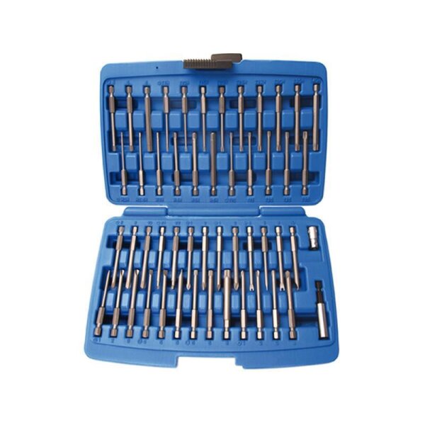 Das Bild zeigt eine aufklappbare blaue Kunststoffbox mit mehreren Reihen von unterschiedlich langen und breiten Metall-Bits, die ordentlich sortiert in passenden Halterungen liegen.