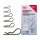 Das Bild zeigt eine Verpackung mit der Aufschrift BGS Werkzeuge 150x Feder-Splinte-Sortiment verchromt R-Clip Assortment chrome plated sowie Abbildungen von sechs unterschiedlich großen R-Splinten. Links vom Karton sind sechs reale, unterschiedlich große R-Splinte zu sehen, die der Abbildung auf dem Karton entsprechen. Auf der Verpackung sind die Größen und Mengen der Feder-Splinte aufgelistet: 42 Stück 2,4 x 31 mm, 30 Stück 2,0 x 33 mm, 25 Stück 2,0 x 40 mm, 25 Stück 2,8 x 42 mm, 25 Stück 3,5 x 45 mm, 8 Stück 4,0 x 75 mm. Unten steht In praktischer, wiederverwendbarer Universialbox, daneben ein Produktcode und ein Barcode.