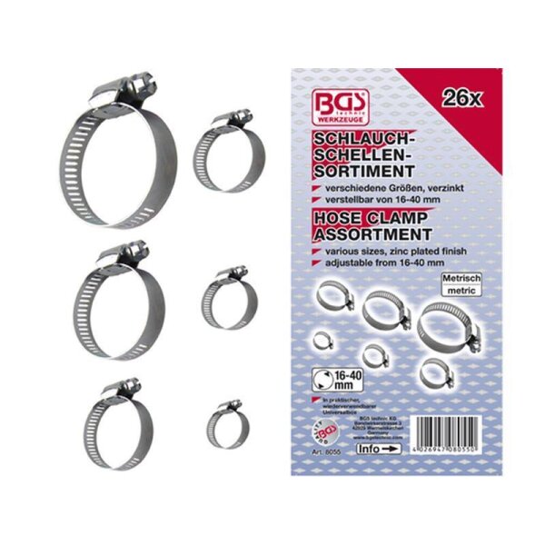 BGS Werkzeuge Schlauchschellen-Sortiment verschiedene Größen, verzinkt, verstellbar von 16-40 mm, 26x, Hose Clamp Assortment, various sizes, zinc plated finish, adjustable from 16-40 mm, metrisch/metric, im praktischen wiederverschließbaren Spenderkarton, Art. 8055.