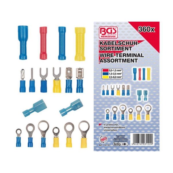 Das Bild zeigt eine Verpackung eines Sortiments an Kabelschuhen der Marke BGS mit der Aufschrift „KABELSCHUH-SORTIMENT WIRE TERMINAL ASSORTMENT“ für 360 Teile in den Farben Blau, Rot und Gelb. Es werden verschiedene Arten von Kabelschuhen abgebildet, darunter Flachstecker, Gabelschuhe und Ringösen in unterschiedlichen Farben und Größen. Die Farben kennzeichnen verschiedene Querschnitte: Rot für 0,5-1,5 mm², Blau für 1,5-2,5 mm² und Gelb für 2,5-6,0 mm². Unten rechts befinden sich ein Barcode und die Artikelnummer 14310. Auf der Vorderseite sind alle im Set enthaltenen Kabelschuhe in schematischer Darstellung zu sehen.