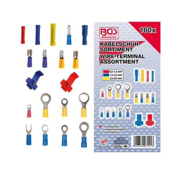 Das Bild zeigt ein Sortiment an Kabelschuhen in verschiedenen Farben (rot, blau, gelb) und Formen, die zur Verbindung von Kabeln dienen. Rechts ist eine Verpackung abgebildet mit der Aufschrift „BGS Werkzeuge Kabelschuh-Sortiment Wire Terminal Assortment“. Es gibt eine Legende für die Farben: Rot für 0,5-1,5 mm², Blau für 1,5-2,5 mm², Gelb für 2,5-6,0 mm². Es sind im Bild verschiedene Typen von Kabelschuhen (Flachstecker, Ringösen, Gabelösen, Stoßverbinder) sowie die Angabe „160x“ für die Stückzahl enthalten. Unten ist eine Strichliste und Produktnummer („Art. 14105“).